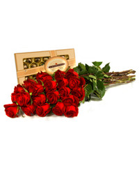 red roses with box of chocolates